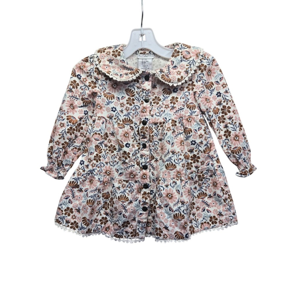 Max Studio Kids Floral Corduroy Dress 12M Pink Brown Peter Pan Collar Lace Trim